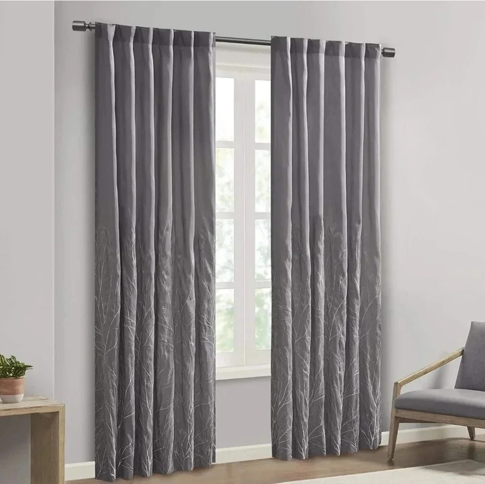 1 Window Panel Curtain Lined Embroidered Gray Grey Size 50" X 95" Madison Park